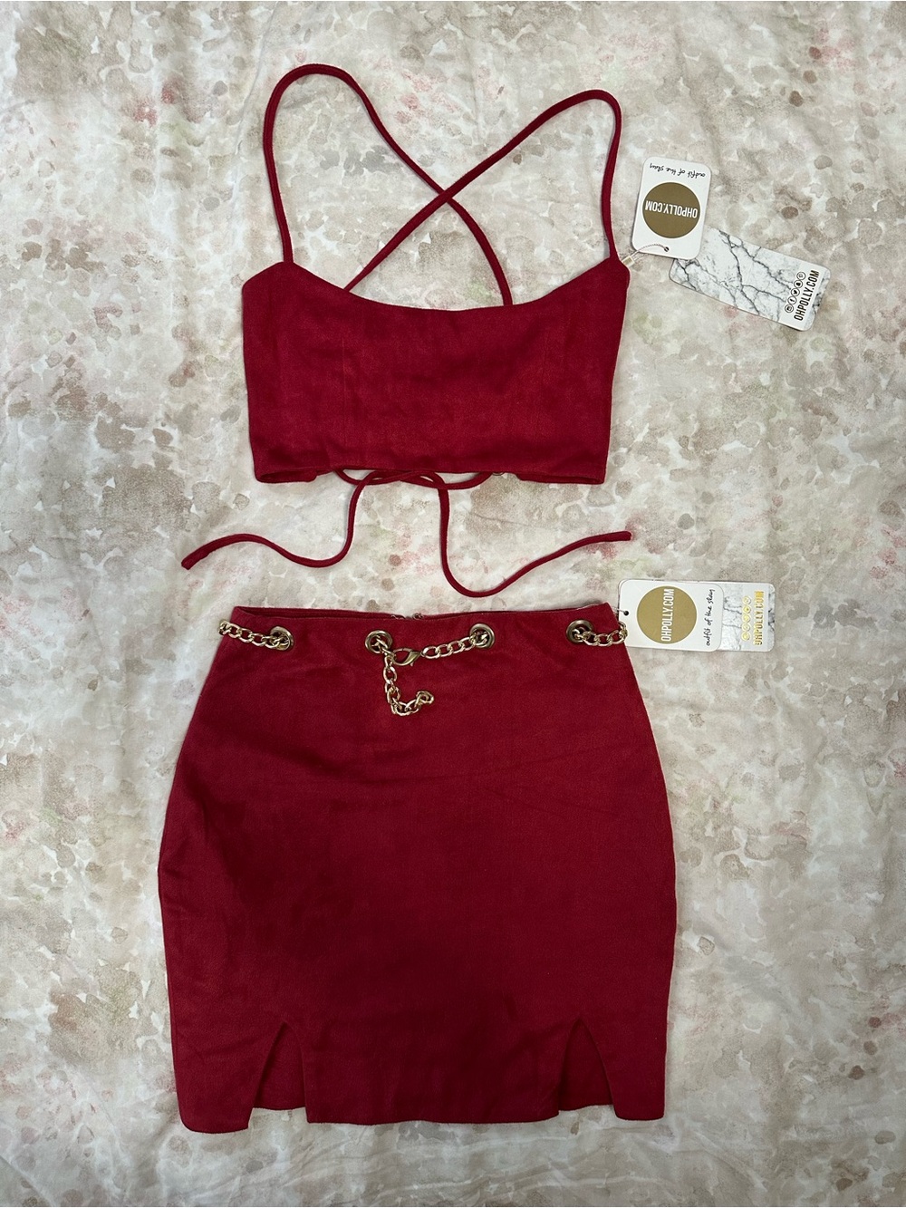 Oh Polly Red Mini Skirt with Gold Chain Detail